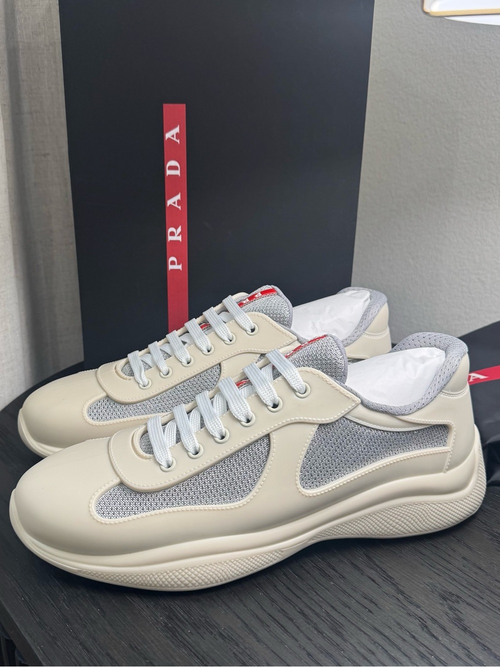Prada America's Cup Soft Rubber & Fabric Sneakers Cream